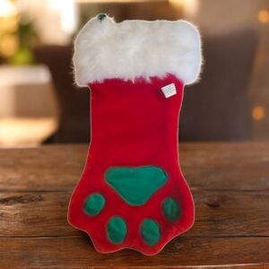 Plush Puppies Pet Dog Holiday Stocking Red Green Velour Type Faux Fur Paw Shape